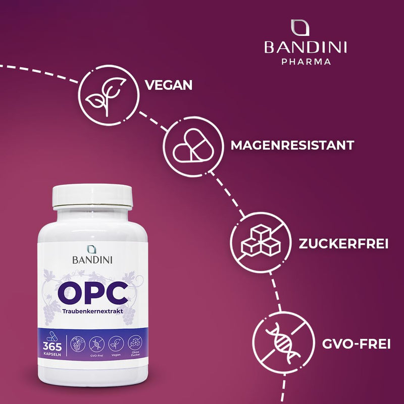 [Australia] - Bandini® grape seed extract 365 capsules 1076mg per dose | Highest OPC content according to HPLC | 95% pure grape seed extract from Italian grapes | 1052mg extract with 999.4mg OPC + 24mg vitamin C 