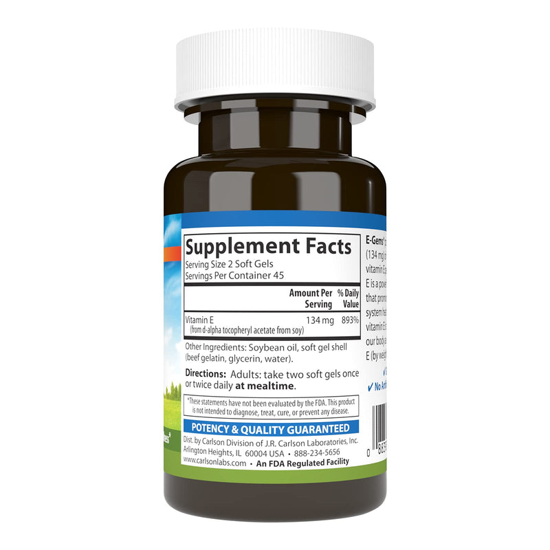 Carlson E-Gems 200 IU (134 mg), Natural-Source Vitamin E, 90 Soft Gels | Optimal Wellness