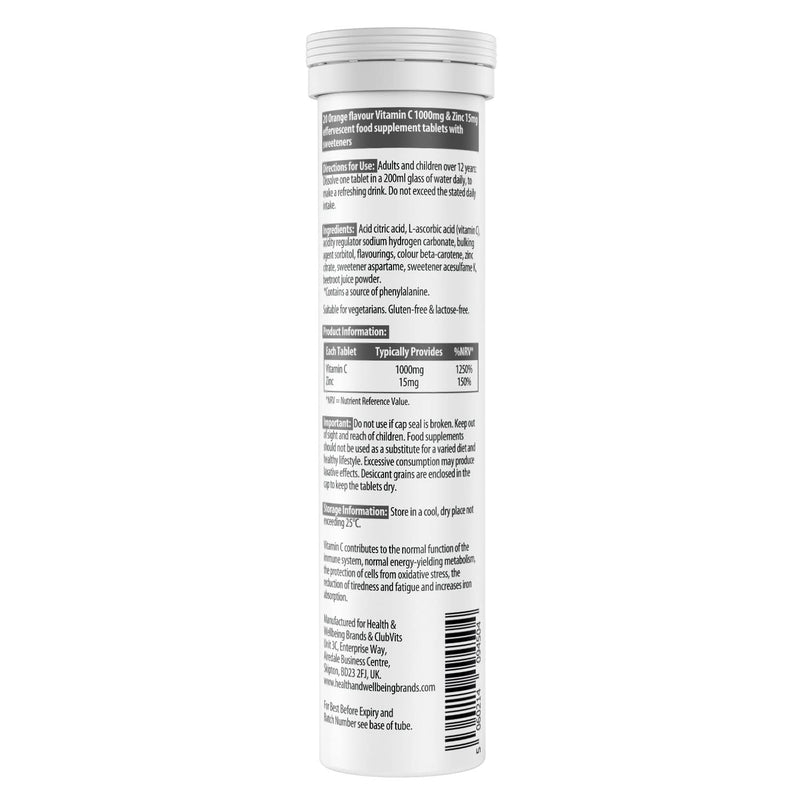 Vitamin C 1000mg & Zinc 15mg Orange Flavour Effervescent Tablets by Club Vits (6 Tubes of 20 Tablets)