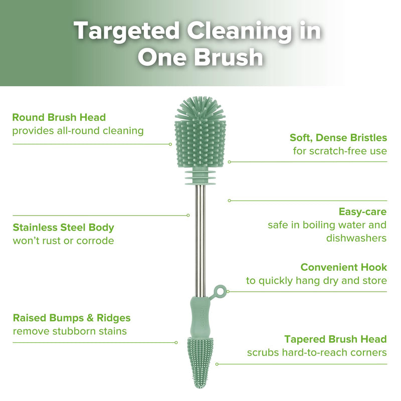[Australia] - haakaa Cleaning Brush Silicone Bottle Brush Double-Ended Soft Silicone Bristles for Breast Pumps, Breast Milk Collectors, Baby Bottles, Teats, Breastmilk Storage Bags, Pea Green-1pk 1 Piece Set 