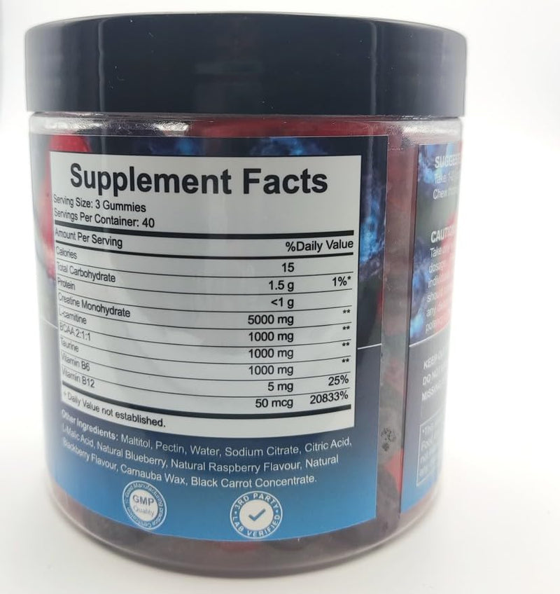 Creatine Monohydrate Gummies, 8000mg, 120 Count, Sugar Free, Advanced Complex with BCAA, L-Carnitine, Taurine