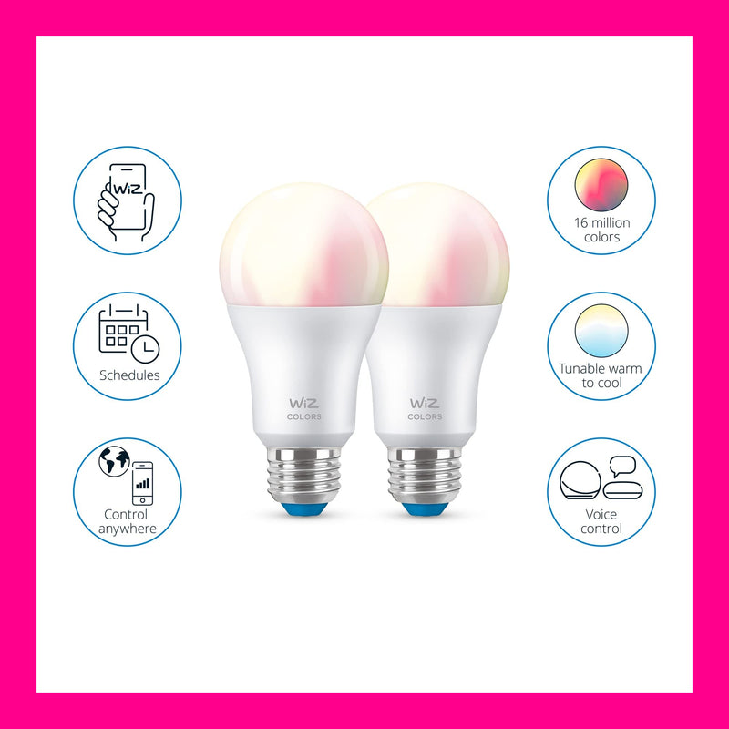 [Australia] - WiZ Connected 60W A19 LED Smart Light Bulbs - Connects to Your Wi-Fi - E26 Smart Bulb - Control with Voice or App + Activate with Motion - Matter Compatible - 2 Pack A19 Bulb 