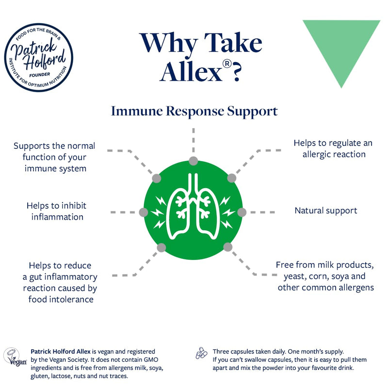 Patrick HOLFORD Allex/Allergy & Food Intolerance Relief Supplement/for Immune Response Support / 5 Nutrients/Vitamin C, Quercetin, Bromelain + / 60 Capsules/Allergen-Free/for Women & Men