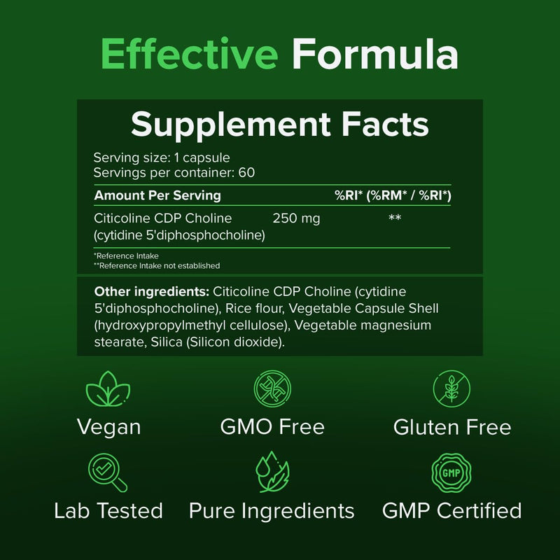 Citicoline CDP-Choline 250mg Capsules, 60 Capsules – Cognitive Function & Mental Performance Support – Vegan, GMO & Gluten Free – Raw Powders
