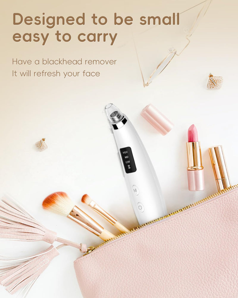 Facial Pore Blackhead Remover Vacuum - Fore Cleaner and Blackhead Extractor with 3 Adjustable Suction Levels - 5 Probes - Pore Vacuum Kit for Women&Men (White) White