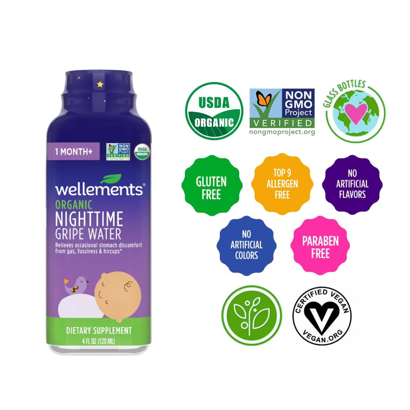 Wellements Organic Nighttime Gripe Water | Bedtime Relief for Baby Gas, Colic & Fussiness | Sleepy Time Herbs Promote a Peaceful Night’s Sleep | USDA Certified Organic & Non GMO | 1 Month +, 4 Fl Oz.