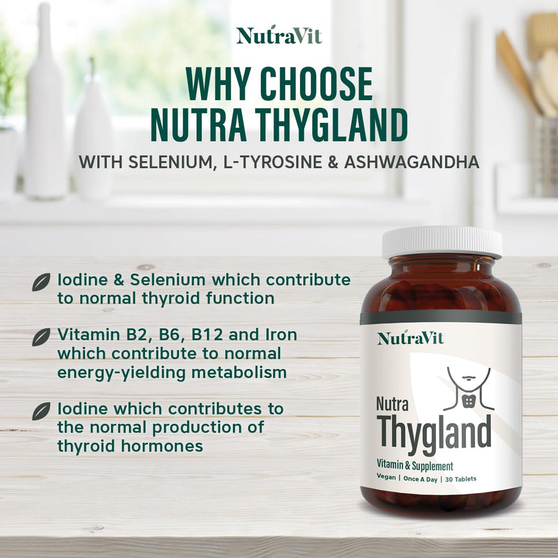 NutraThygland - Supports Normal Thyroid Function - with Selenium, L-Tyrosine, Iodine & Ashwagandha, Vitamin B2, B6, B12 & Iron - Improve Energy Levels - NutraVit, 30 Tablets