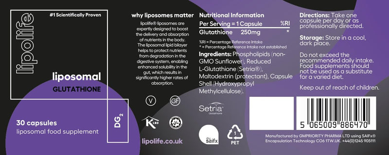 Liposomal Glutathione Capsules – 30 Capsules Month Supply, High Absorption Glutathione Supplement, Antioxidant Detox Support, Reduced Glutathione DG2, Lipolife
