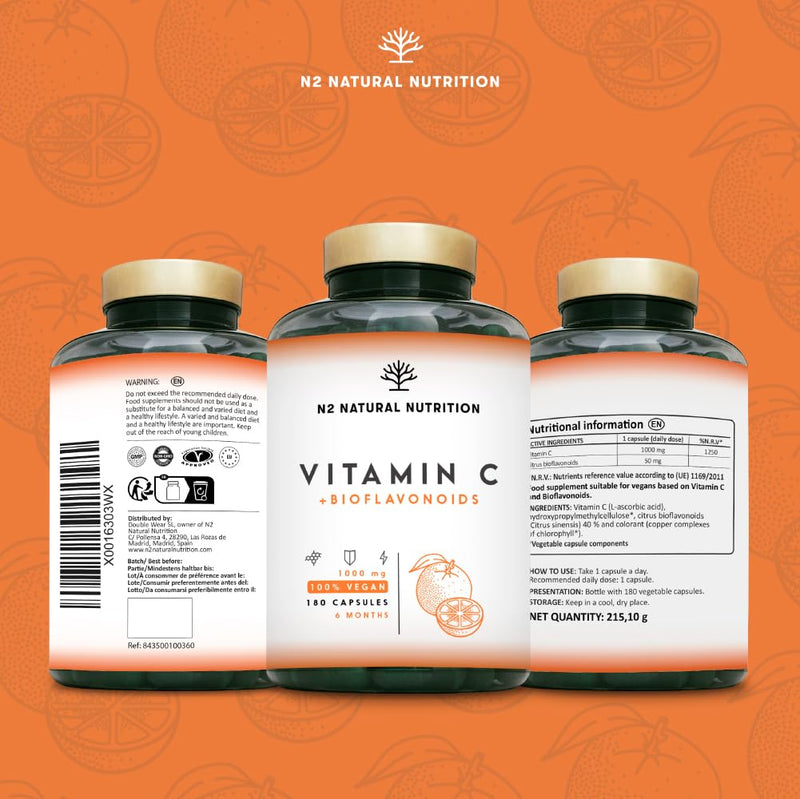 Vitamin C Tablets 1000mg High Dose + Bioflavonoids - High Strength Natural VIT C Complex Adults Ascorbic Acid - Immune Support. 180 Capsules. N2 Natural nutrition