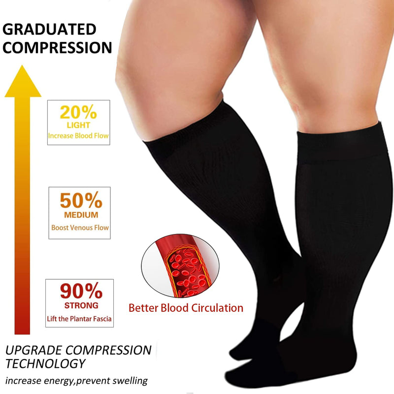 3 Pairs Plus Size Compression Socks for Women and Men Wide Calf 20-30mmhg Extra Large Knee High Support for Circulation 01-3 Black XX-Large