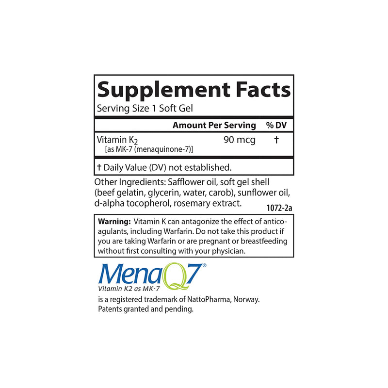 Carlson Vitamin K2 MK-7 (Menaquinone), 90 mcg, Bone Support, 120 Softgels | Calcium Bioavailability; K2 Vitamin; Vitamin K-2 120 Count (Pack of 1)