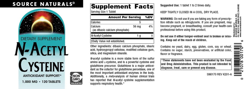 [Australia] - Source Naturals N-Acetyl Cysteine Antioxidant Support, Dietary Supplement That Supports Respiratory Health* - 1000 mg -120 Tablets 