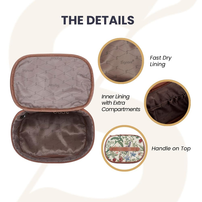 Signare Tapestry Toiletry Bag Makeup Organizer bag for Women with Sunflower Poppy Butterfly Dragonfly Morning Garden Design (TOIL-MGD)