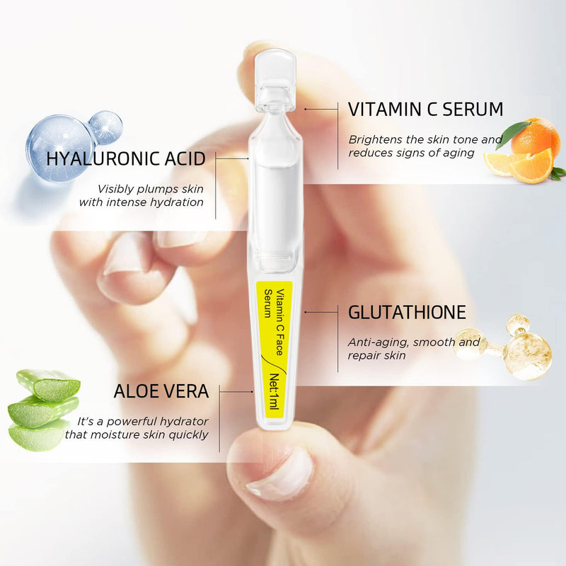 Vitamin C Face Serum with Glutathione, 4D Hyaluronic Acid & Aloe Vera – Lightweight Brightening & Hydrating Ampoule for Daily Skincare, Dark Spots, Sensitive Skin Friendly - (1.0 ml)*30 Vials