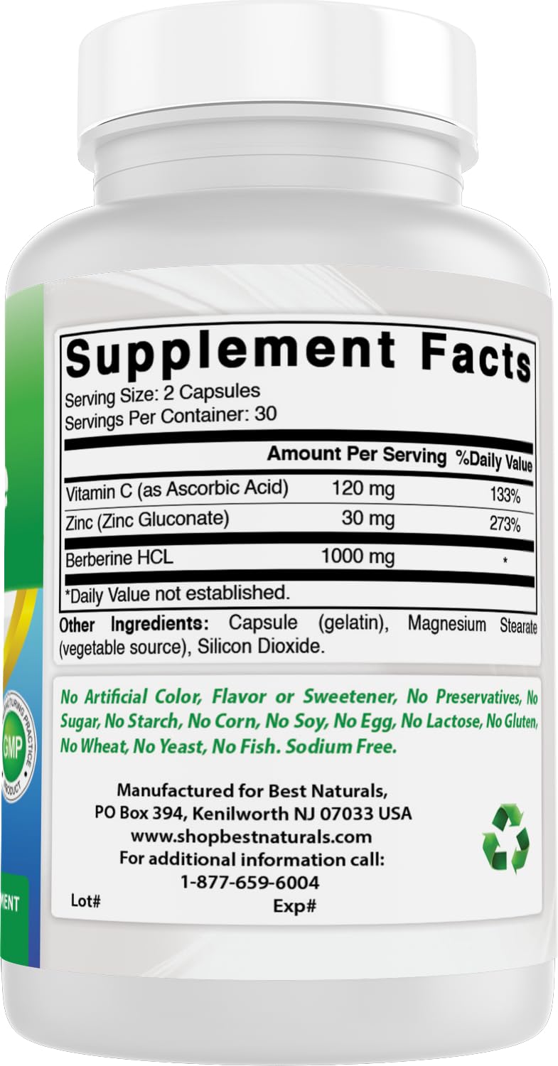 Best Naturals Berberine Plus 1000mg per Serving, (Non-GMO) 60 Capsules - Contains Berberine HCL 1000mg, Vitamin C 120mg & Zinc Gluconate 30 mg (Pack of 2) 60 Count (Pack of 2)