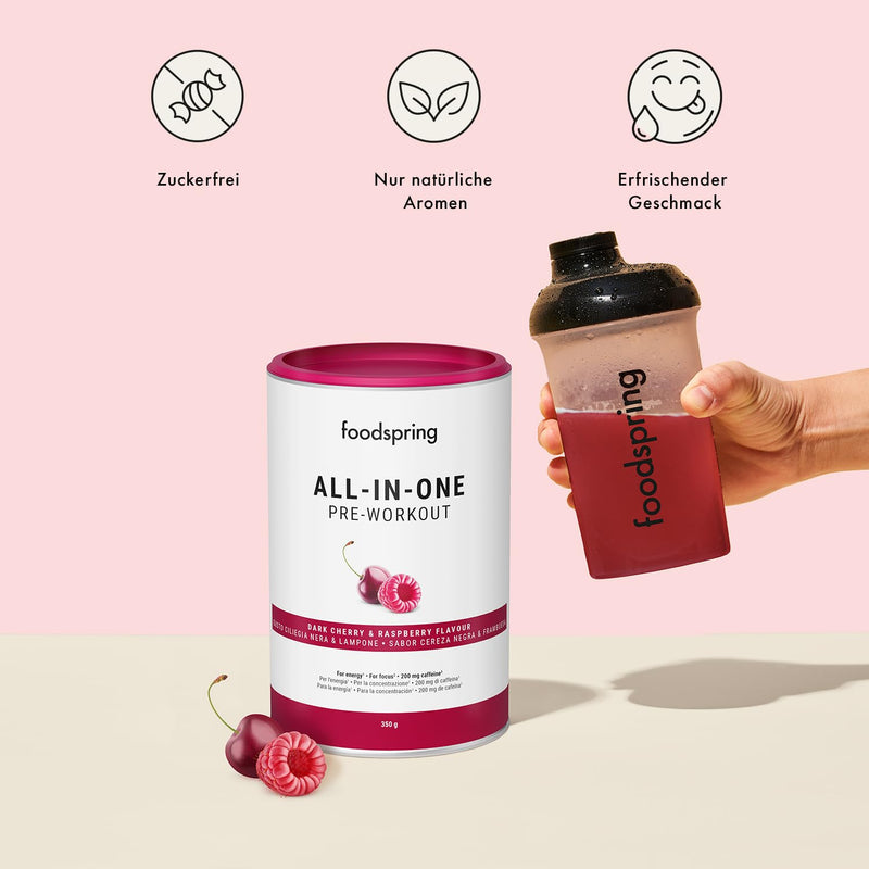 [Australia] - foodspring All-in-One Pre-Workout Booster for Energy & Focus - 200mg Caffeine Per Serving & Sugar Free - with EnXtra, Taurine, Citrulline, B6, B8, Choline & Ashwagandha (350g | Dark Cherry & Dark Cherry & Raspberry 