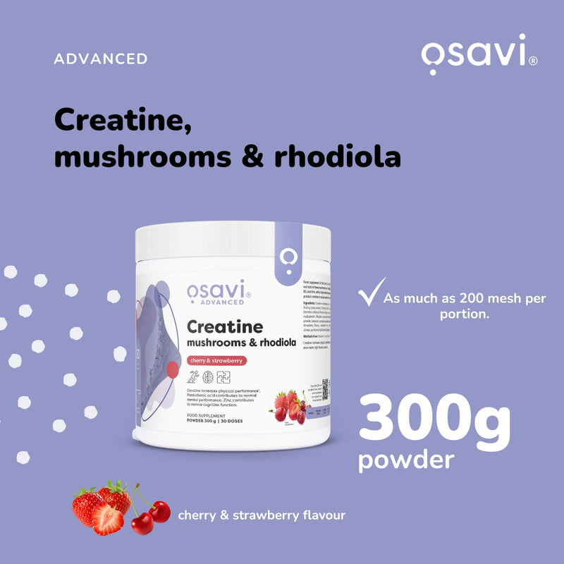 Osavi Creatine + Mushrooms & Rhodiola – 300 g Powder | Cherry & Strawberry | with Lion’s Mane, Cordyceps & Chaga | Increases Performance in Short Bursts of high Intensity Exercise | B6, B5, Zinc