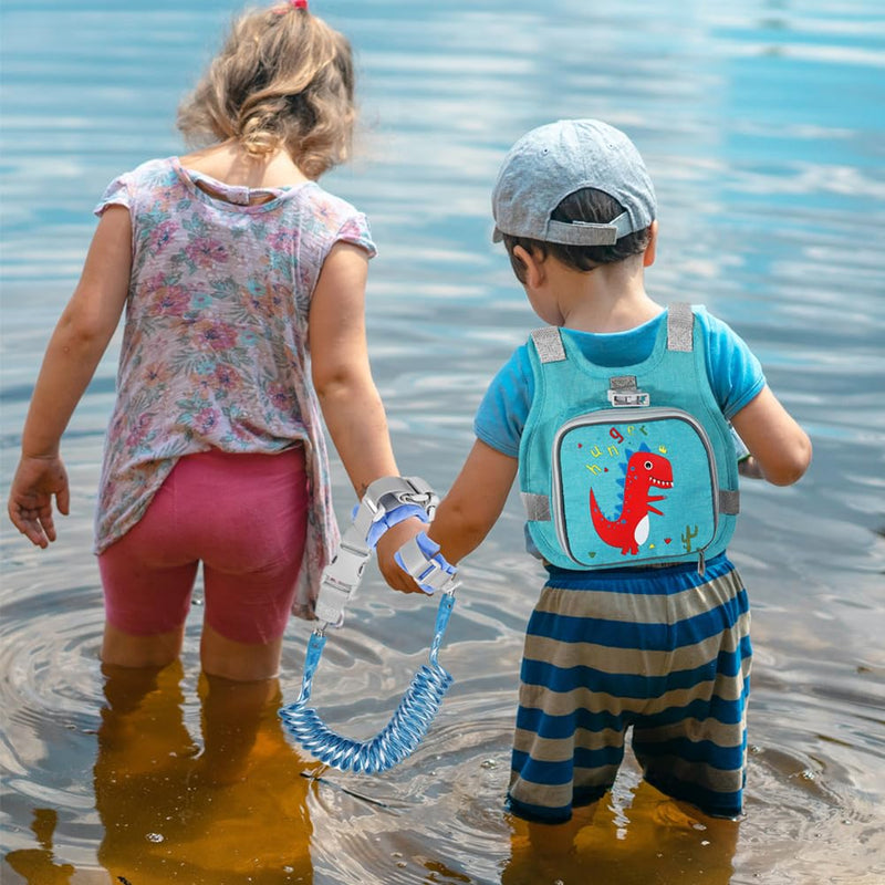 [Australia] - Toddler Harness Leash + Anti Lost Wrist Link, Accmor Dinosaur Baby Harnesses with Kids Leashes for Boys, Cute Child Walking Anti-Lost Holder Bracelet Strap Tether for Outdoor Keep Kid Close (Blue) Lake Blue/Dinosaur 