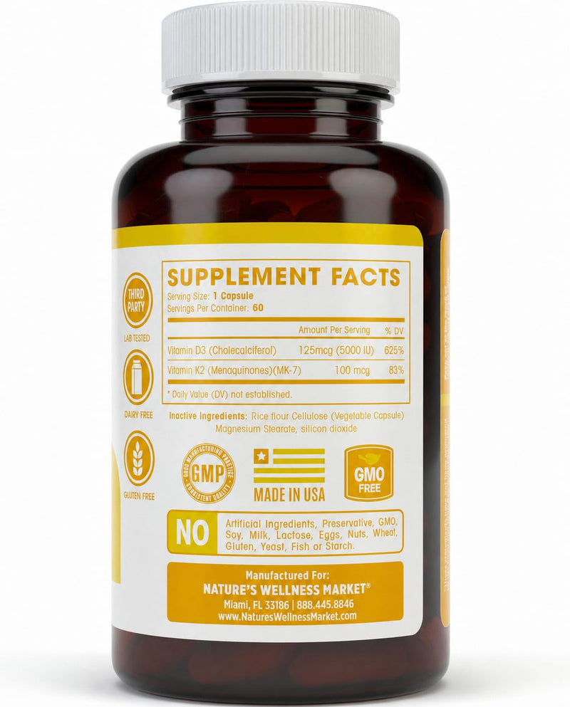 Vitamin K2 (mk7) with D3 Supplement for Best Absorption - 2-in-1 Support for Heart Health and Strong Bones | Vitamin D & K Complex | D3 5000 IU + K2 100 mcg | GMO & Gluten Free - 60 Count 60 Count (Pack of 1)