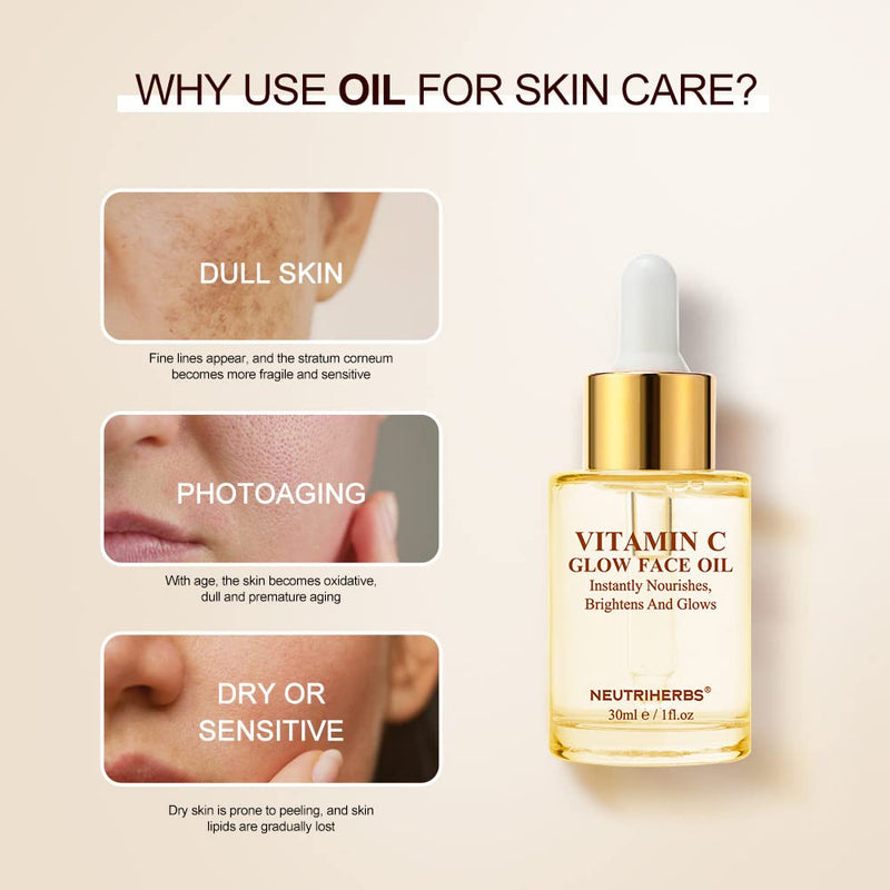 Neutriherbs Rosehip Seed Face Oil with Vitamin C Nourish Dry Skin - 1fl Oz | Enriched Jojoba, Grape Seed Oil, Lightweight Fast-Absorb Facial Oil, Hydrate, Brighten, Smooth Skin, Repair Skin Barrier