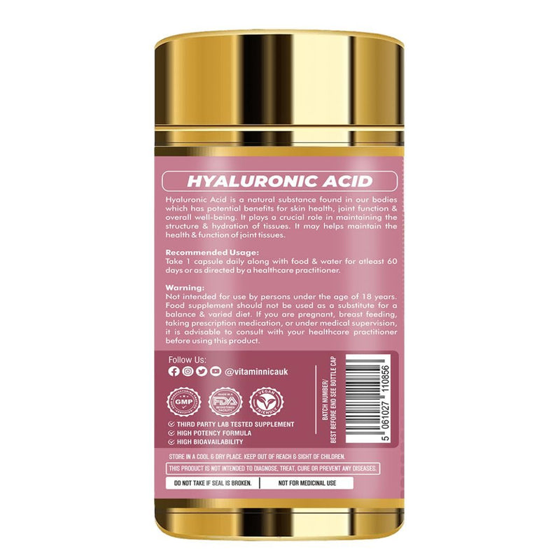 Vitaminnica Hyaluronic Acid Capsules 60 Count – High Strength Hydration Support for Skin, Joints & Hair | Beauty & Joint Care Supplement