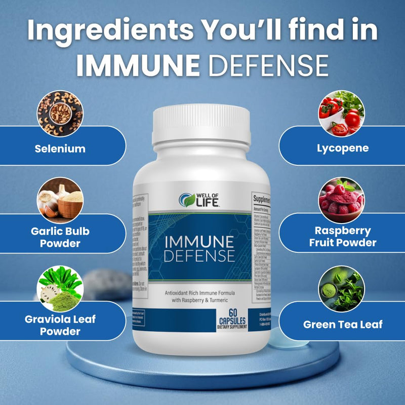 Well of Life Immune Defense 600mg - Immune Support Supplement with Turmeric, Graviola, Green Tea, Garlic - Immunity Vitamins for Adults - 60 Vegan Capsules, Non-GMO 60 Count (Pack of 1)