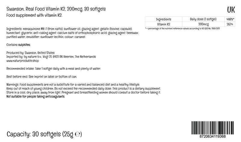 [Australia] - Swanson Real Food K2 (Menaquinone MK-7), 200mcg, 30 soft capsules, high dosage, laboratory tested, soy-free, gluten-free, non-GMO 