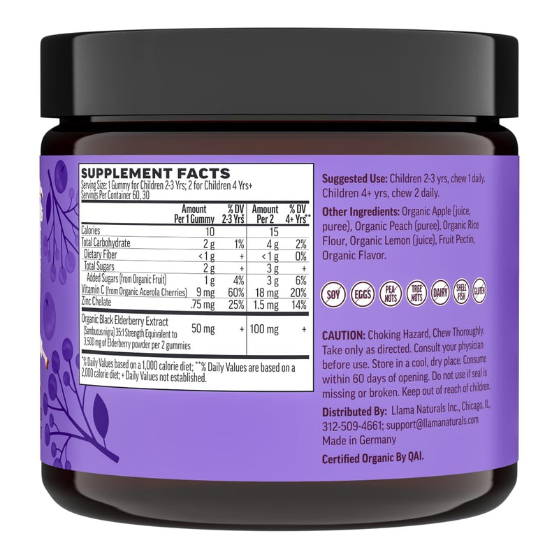 [Australia] - Llama Naturals Elderberry Gummies for Kids, Vegan, Organic Immune Support Supplement with Vitamin C and Zinc, Toddler Real Fruit Gummy Vitamins for Immunity, Chewable, No Added Sugar Cane, 60 Ct Kids Elderberry 60 Count (Pack of 1) 