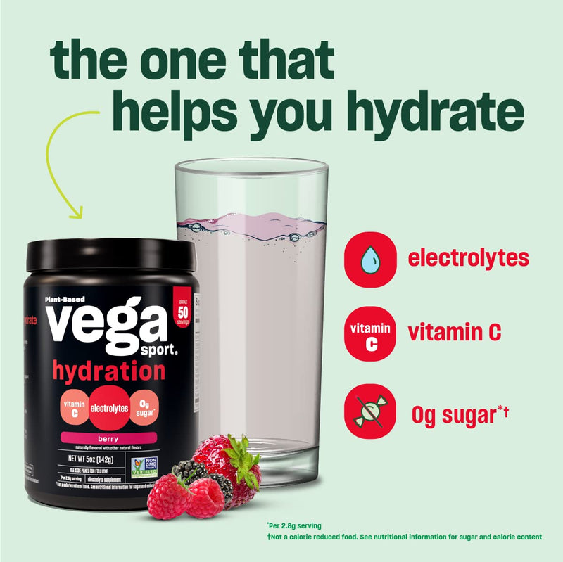 Vega Sport Hydration Electrolyte Powder, Berry - Post Workout Recovery Drink for Women and Men, Vitamin C, Vegan, Keto, Sugar Free, Dairy Free, Gluten Free, Non GMO, 5 oz 5 Ounce (Pack of 1)