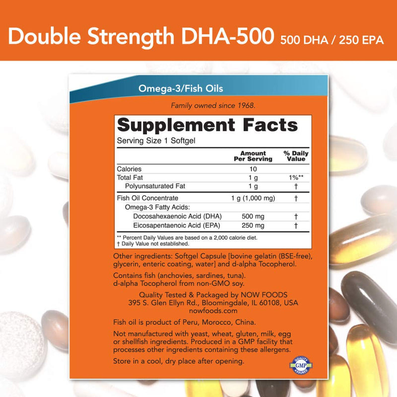 NOW Supplements, DHA-500 with 250 EPA, Molecularly Distilled, Supports Brain health*, 180 Softgels 180 Count (Pack of 1)