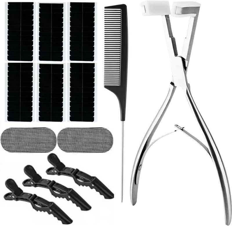 Hair Extensions Tools Kit, Professional Tape in Hair Sealing Pliers Flat Surface Hair Extension Plier Tools with Double Sided Replacement Adhesive Tape Tabs -Silvery