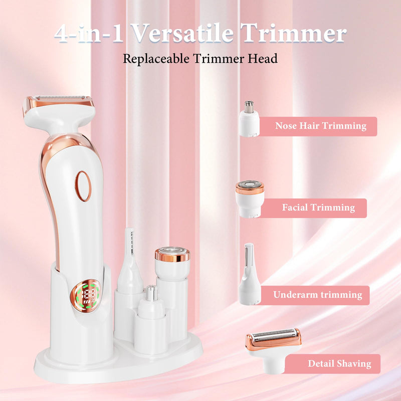 Bikini Trimmer for Women,4-in-1 IPX6 Waterproof Electric Shaver,Cordless Painless Electric Razors with LED Display for Legs Bikini Facial Hair Removal, Body Wet&Dry Use Razor Kit for Lady Grooming s White