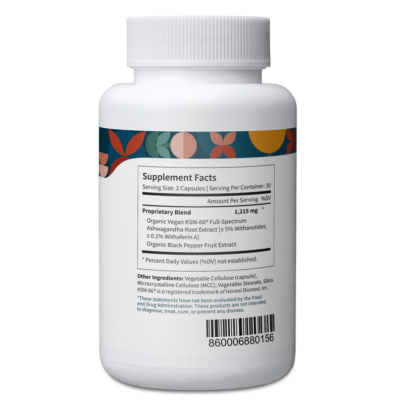 [Australia] - Pattern Wellness Ashwagandha Complex for Men & Women - KSM-66 & Black Pepper Extract - Whole Body & Heart Health - Supports Stress & Mood - Non-GMO - 60 Vegan Capsules 60 Count (Pack of 1) 