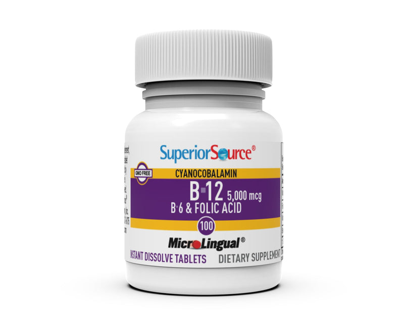 Superior Source No Shot Vitamin B-12 Cyanocobalamin 5000 mcg, B-6, Folic Acid 800 mcg - Support Brain & Heart Health - Aids Natural Energy Levels - 100 Sublingual Dissolving Tablets 1 Count (Pack of 1)