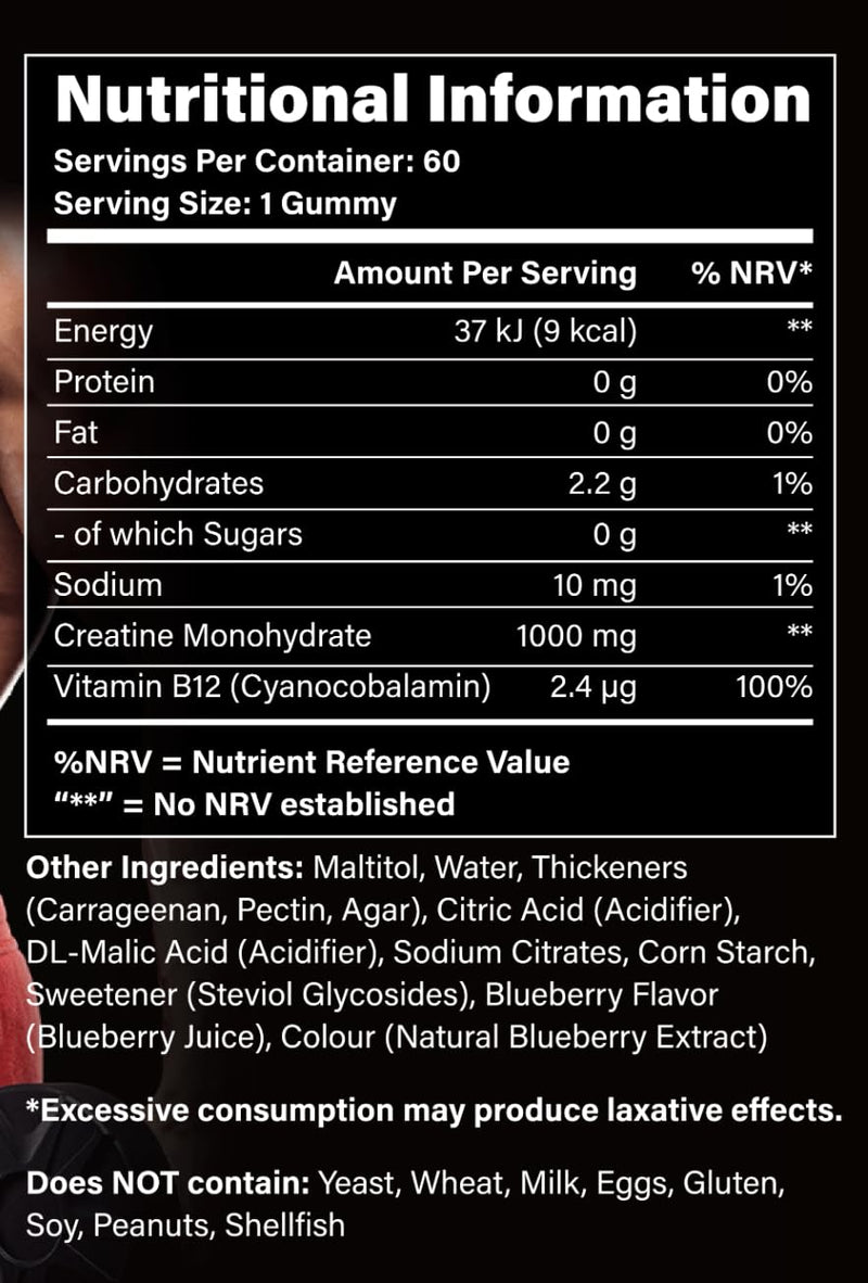 Creatine Gummies – 5000mg Creatine Monohydrate per Serving (1000mg per Gummy) – Vegan, Sugar Free – Gym & Training Support – for Men & Women – 60 Count (Blueberry) Blueberry