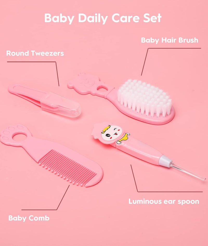 Baby Healthcare and Grooming Kit, Safety Newborn Nursery Care Set, with Hair Brush Comb, Nail Clipper, Thermometer, Pacifier Clip, Nasal Aspirator for Newborn Infant Baby Girls Boys (Pink.) Pink