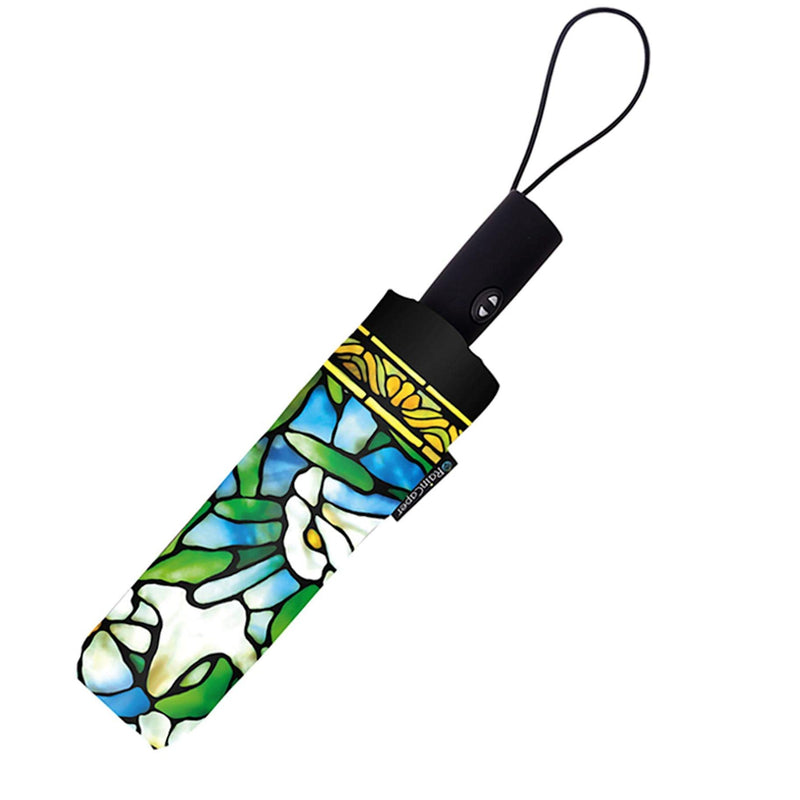 Windproof Auto Open/Close 43" Coverage Folding Travel Umbrella Fine Art Tiffany Field of Lilies Reinforced Rib Travel Umbrella w/Matching Sleeve