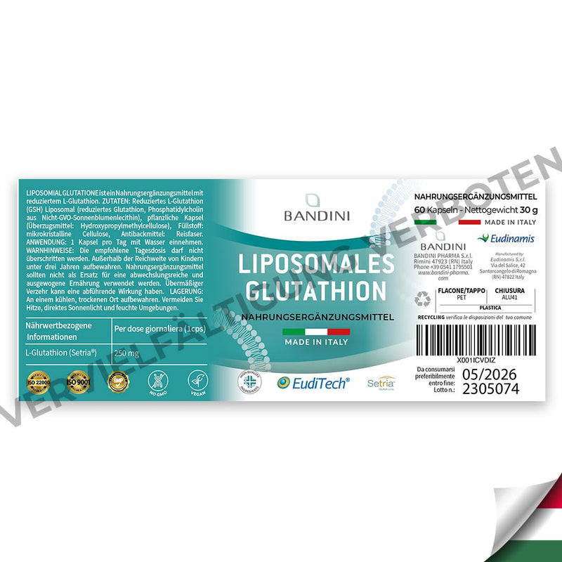 [Australia] - Bandini® Liposomal Glutathione 250mg per capsule | L-Glutathione Setria® Tripeptide: glutamic acid, cysteine, glycine | Antioxidant, immune system, liver | High dosage, laboratory tested, vegan | 60 capsules 