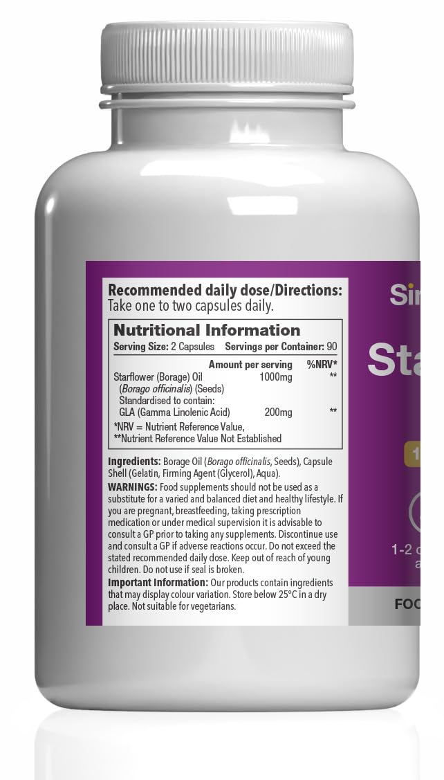 Starflower Oil 1000mg | High Strength Borage Oil Softgels with GLA | 180 Softgels | Cold-Pressed | Made in The UK Unflavoured 1 count (pack of 180)