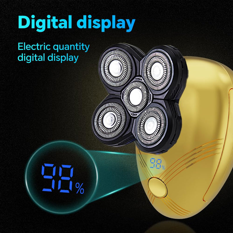 [Australia] - 5-in-1 Electric Cordless Razor for Men Head Shaver for Bald Men Grooming Kit with Nose Trimmer-Hair Clippers-Facial Brush, LED Display Rotary Shavers,USB Charging Rechargeable (Gold) Gold 
