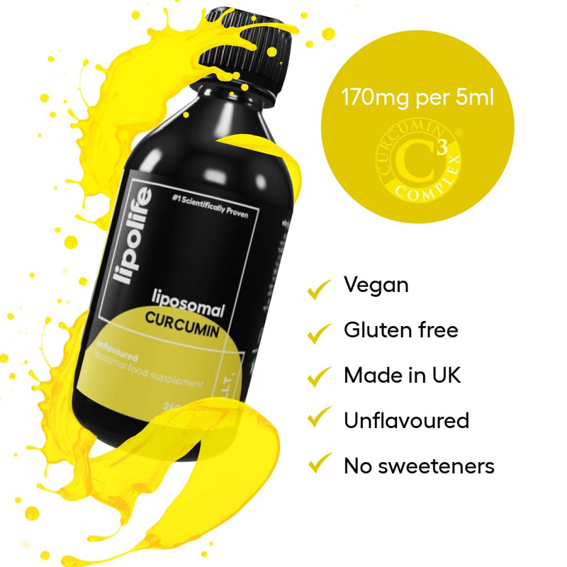 Liposomal Curcumin C3 Complex 240ml – LLT1 High Absorption Liquid Curcumin Supplement for Joint Support, Inflammation & Antioxidant Protection – Advanced Liposomal Delivery, 48 Servings, Lipolife Curcumin unflavoured