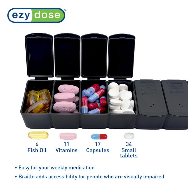 Ezy Dose Weekly (7-Day) Pill Organizer, Medicine Planner, Black & Cream | Daily Vitamin & Supplement Medicine Case, Pop Up Compartments, Embossed Matte Design, Travel-Friendly, BPA-Free, 2-Pack Cream & Black