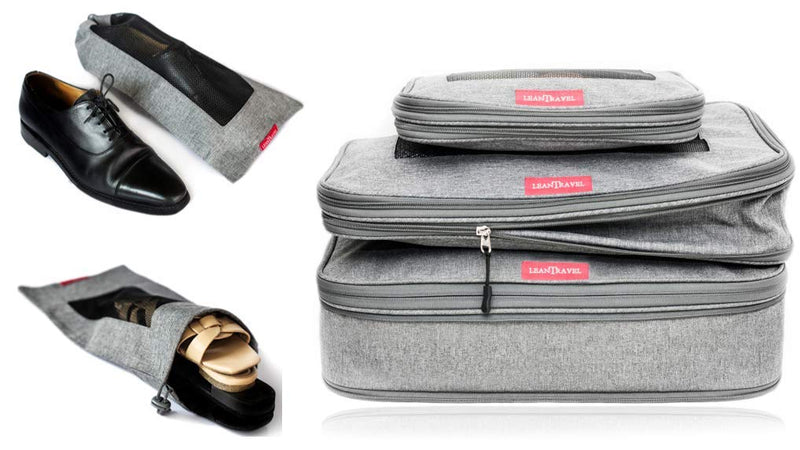 LeanTravel Bundle Compression Packing Cubes Set of 3 + Shoe bags for Travel Set of 6 - Color Grey