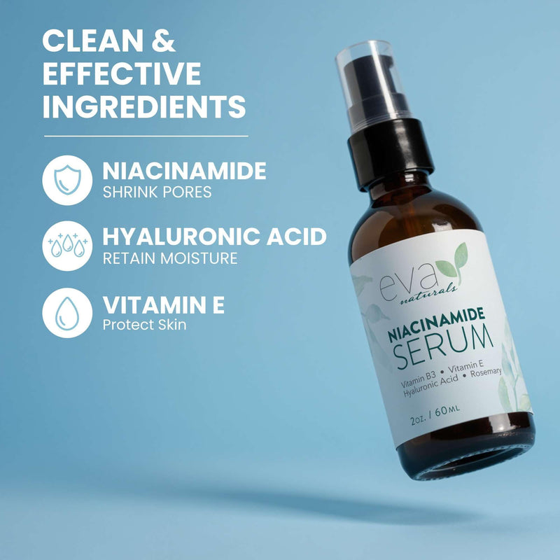 Eva Naturals Niacinamide 5% Serum, Hyaluronic Acid, Vitamin E & Aloe, 2 oz | Neem, pore minimizer, dark spots, breakouts, b3, non-greasy, hydrating, anti-aging Herbal 2 Fl Oz (Pack of 1)
