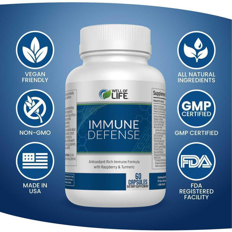 Well of Life Immune Defense 600mg - Immune Support Supplement with Turmeric, Graviola, Green Tea, Garlic - Immunity Vitamins for Adults - 60 Vegan Capsules, Non-GMO 60 Count (Pack of 1)