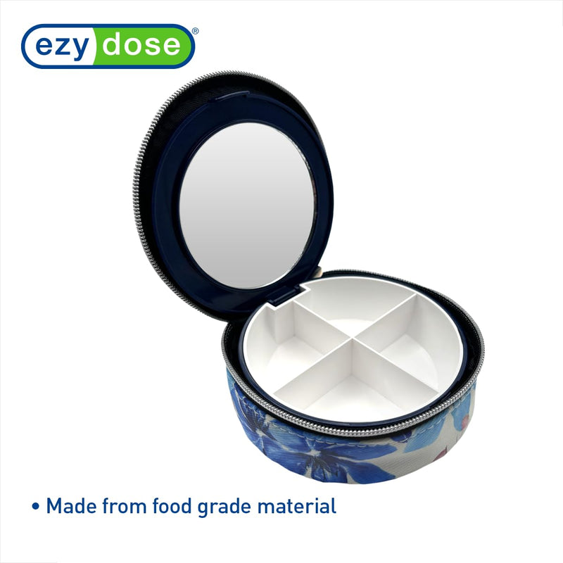 Ezy Dose Travel Pill Organizer with Built-in Mirror, Zipper Flower Case | Compact and Portable Medication Case for Daily Vitamins, Pills, and Medicine, Ideal for Travel and On-The-Go Use Small Mirrored Case
