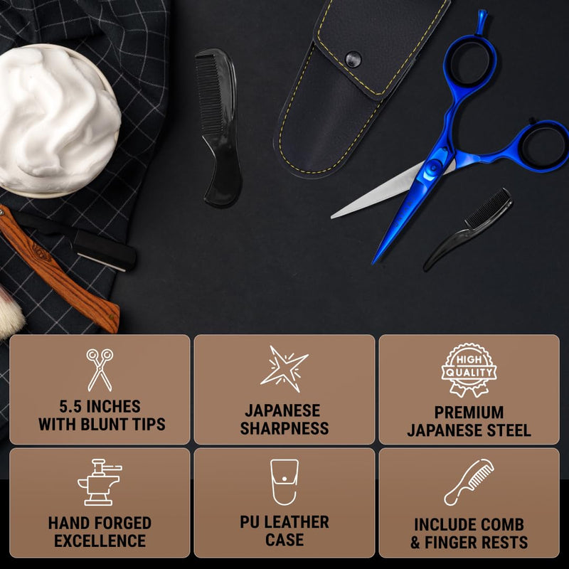 Ontaki Japanese Steel Beard & Hair Scissors - Safe Rounded Tips & Mustache Comb - Ergonomic Grip Beard Scissors for Men - Professional Craftsmanship Barber Shears - Midnight Blue, 5.5" Midnight Blue - 5.5"