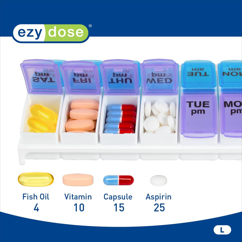 EZY DOSE Weekly AM/PM Pill Organizer, 7-Day Vitamin Container and Daily Medication Box with Large Pop-Out Compartments, 2 Times a Day Pill Holder, Blue and Purple Lids, Travel-Friendly Design