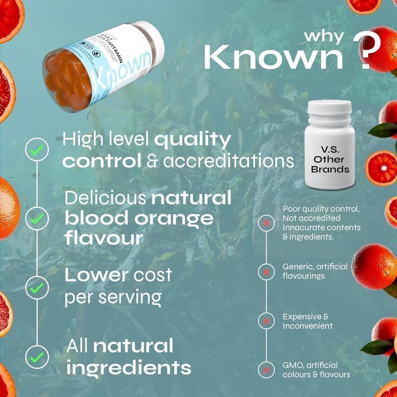Known Daily Multivitamin Gummies – Blood Orange Flavour – Vegan Gummy Supplement – Vitamin A, C, D, E, B6, Biotin, Zinc, Iodine – Immune Health, Energy, Wellbeing – 1 Month Supply – for Men & Women