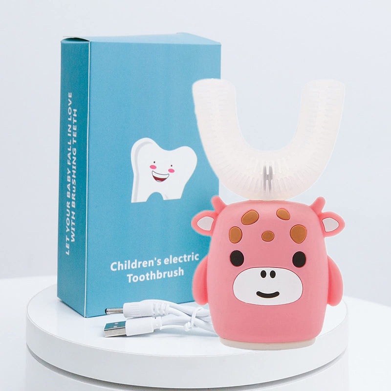 Kids Sonic Electric Toothbrush U Shaped Automatic Timer IPX7 Waterproof 5 Modes 360° Oral Cleaning Teeth Whitening Gums Massage Replaceable Soft Cartoon for 7-15 (Pink Cow) Pink Cow